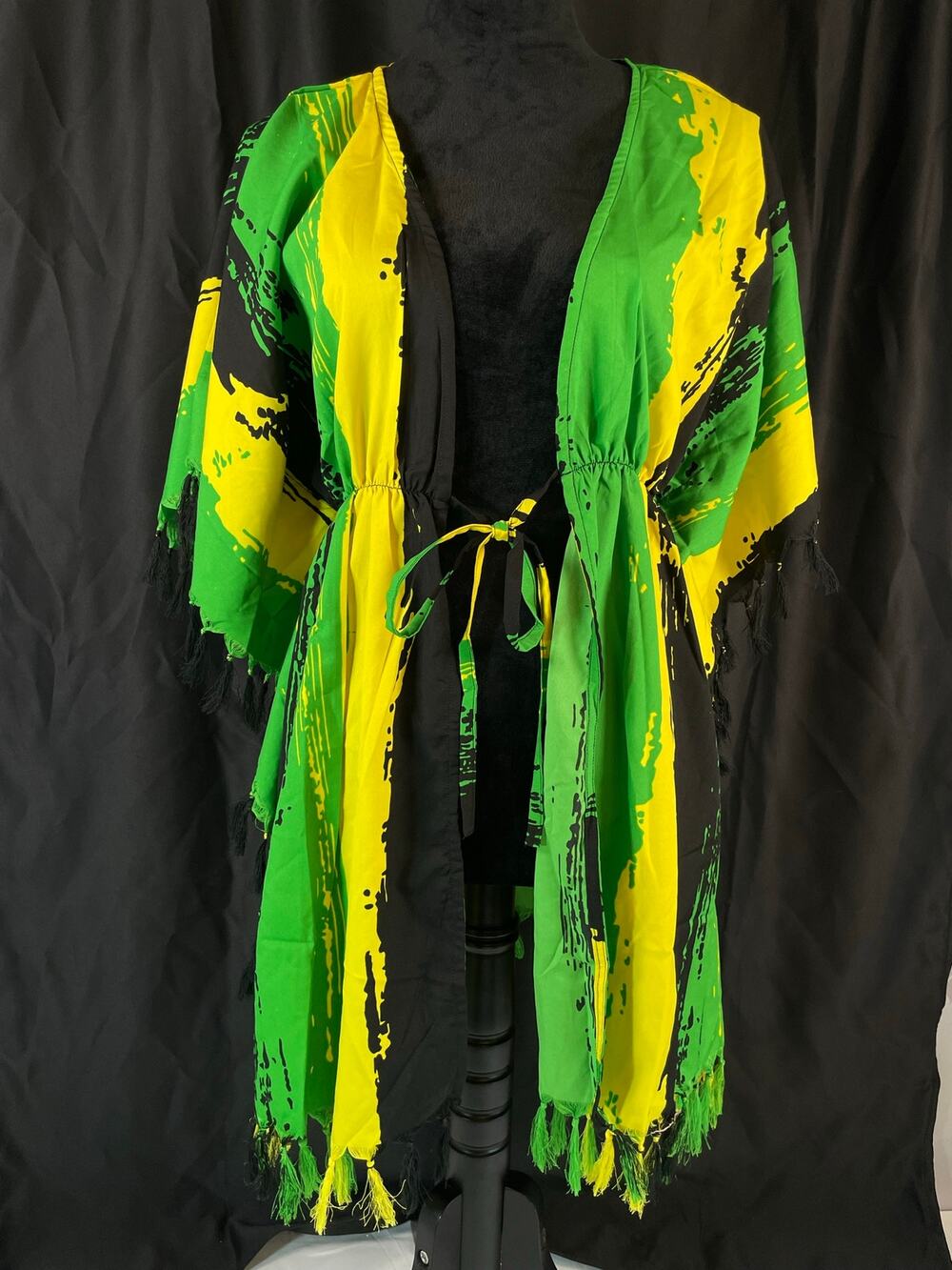 Revue Fringe Tassel Kimono Cover Up Beach Summer Green Yellow Black Free Size